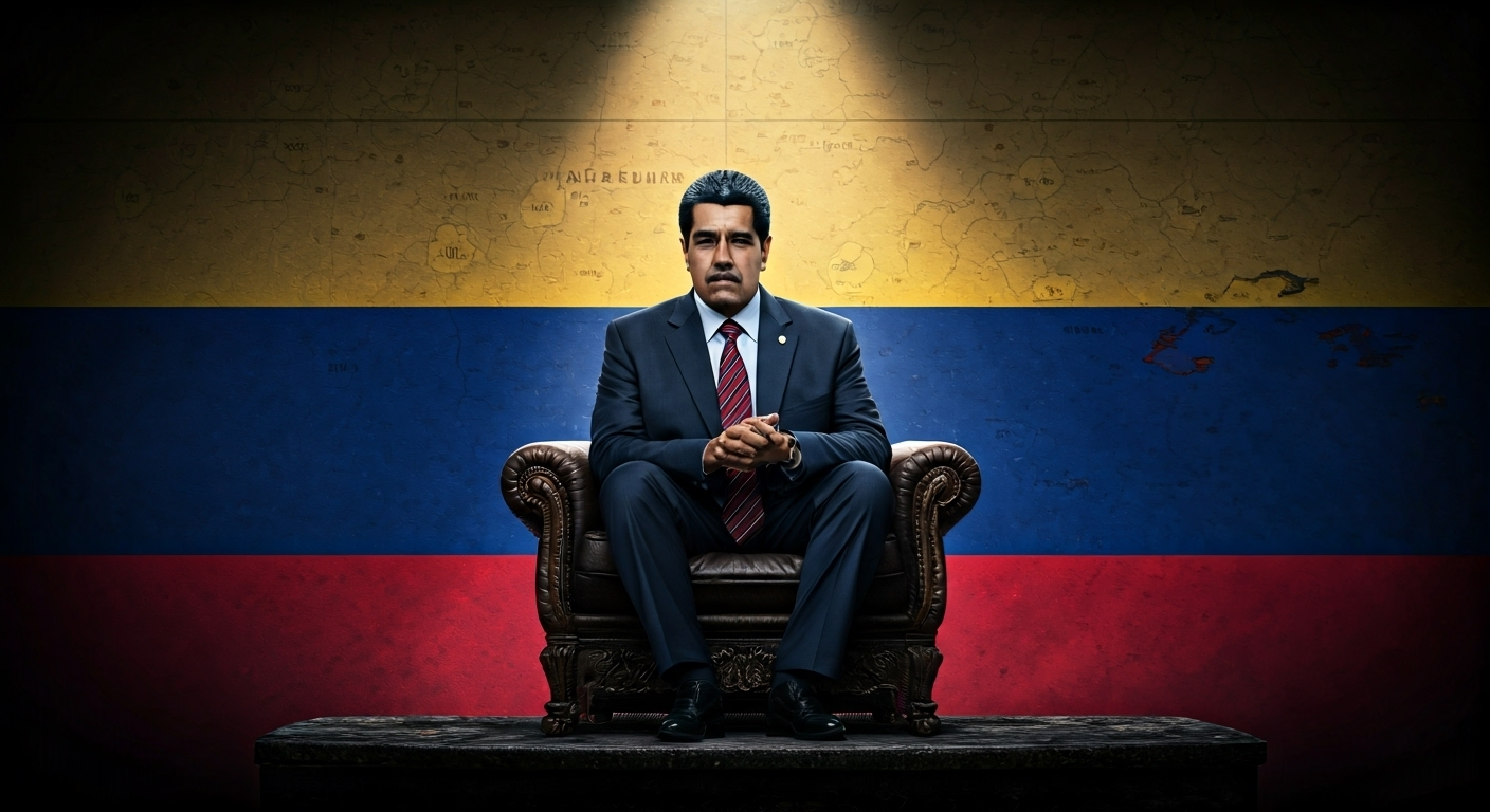 Fotografía conceptual y realista de Nicolás Maduro en un podio con un fondo de bandera venezolana y un mapa de la región del Caribe con símbolos de tensión militar. Estilo cinematográfico, alta definición.
