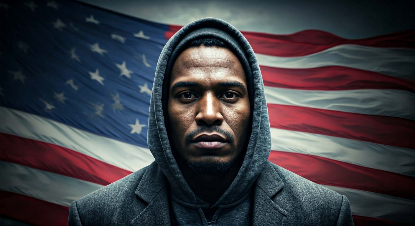 Fotografía conceptual y realista de un inmigrante, con una bandera de Estados Unidos al fondo en un entorno urbano como Nueva York, simbolizando la búsqueda de oportunidades y la creciente barrera de las visas. Estilo cinematográfico, alta definición.