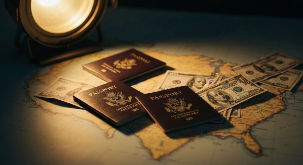 Imagen fotorrealista que representa un conjunto de pasaportes cubanos y documentos de viaje falsificados sobre un mapa de los Estados Unidos, con billetes de dólar dispersos, simbolizando el tráfico de personas. Iluminación dramática y detalles nítidos.