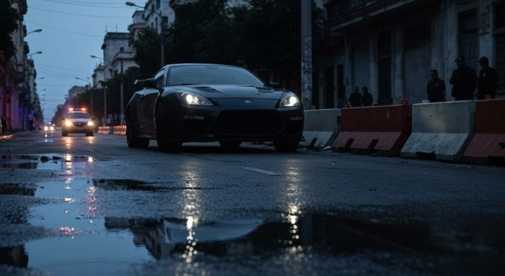 Fotografía conceptual y realista de un coche oscuro impactando contra barreras de tráfico en una calle de La Habana al amanecer, con luces de emergencia distantes y la silueta de personas observando con consternación. Estilo cinematográfico, alta definición.