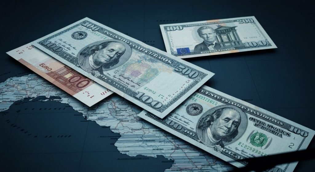 Imagen fotorrealista de billetes de pesos cubanos, euros y dólares estadounidenses apilados sobre un mapa estilizado de Cuba, con una balanza desequilibrada al fondo, simbolizando la fluctuación de la tasa de cambio informal. Iluminación dramática y detalles nítidos.