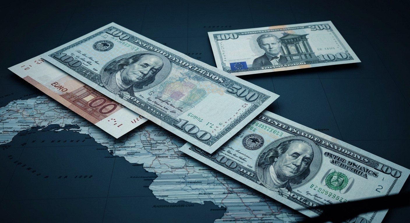 Imagen fotorrealista de billetes de pesos cubanos, euros y dólares estadounidenses apilados sobre un mapa estilizado de Cuba, con una balanza desequilibrada al fondo, simbolizando la fluctuación de la tasa de cambio informal. Iluminación dramática y detalles nítidos.