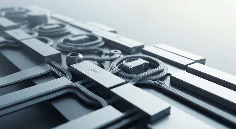 Fotografía conceptual y realista de Melania Trump en un escenario de conferencia moderno, con elementos visuales de circuitos neuronales y robots abstractos en el fondo, simbolizando la urgente necesidad de un crecimiento responsable de la IA. Estilo cinematográfico, alta definición.