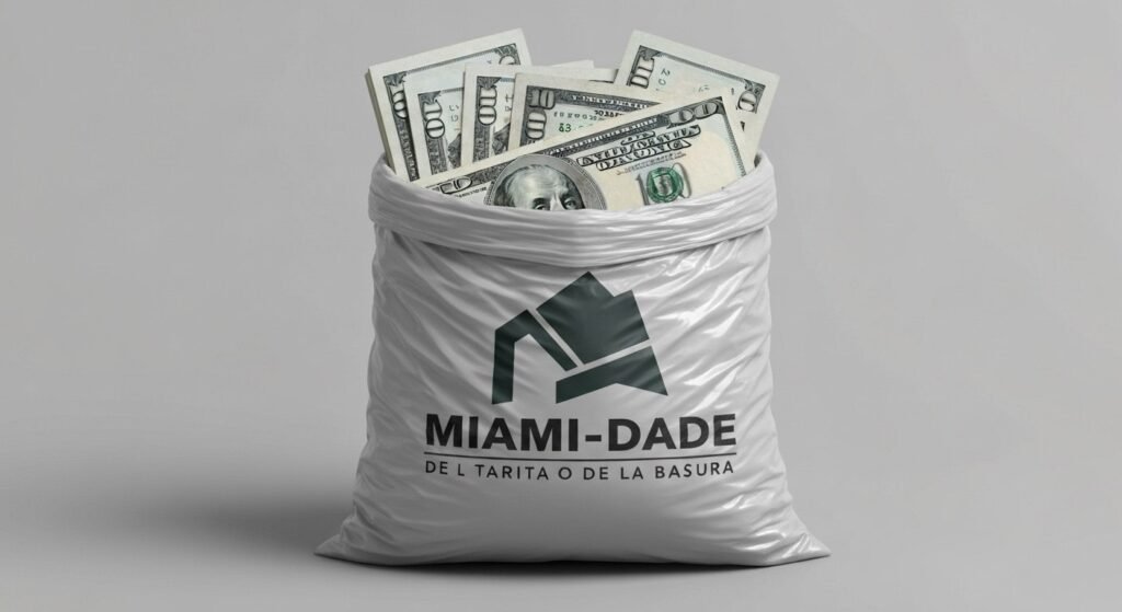Fotografía conceptual y realista de una pila de billetes de dólar siendo envueltos por una bolsa de basura con el logo de Miami-Dade visible, simbolizando el aumento de la tarifa de recogida de basura y el impacto en el presupuesto familiar. Estilo cinematográfico, alta definición.