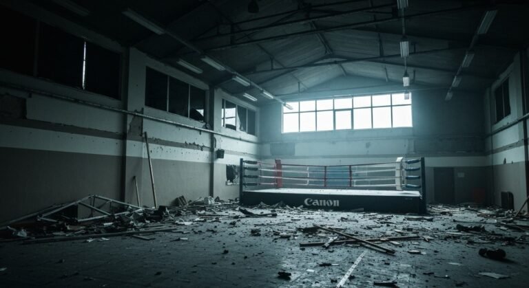 Accidente Devasta Gimnasio de Yordenis Ugás en Las Vegas Fotografía de alta calidad del interior de un gimnasio de boxeo después de un grave accidente automovilístico, con escombros dispersos, una pared derribada y el ring de boxeo visiblemente afectado, bajo una iluminación dramática que enfatiza la destrucción. Estilo documental y realista.