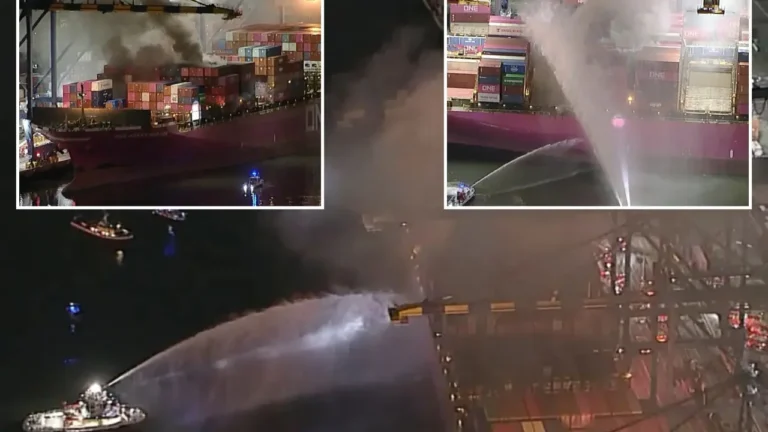 Bomberos de Los Ángeles combaten incendio con explosión en buque portacontenedores con materiales peligrosos