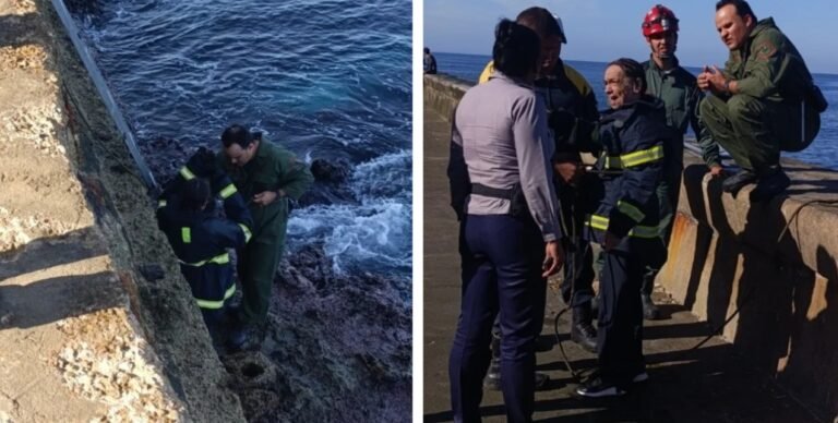 Rescate oportuno en el Malecón: Bomberos y rescatistas salvan a una mujer mayor que cayó al mar en La Habana