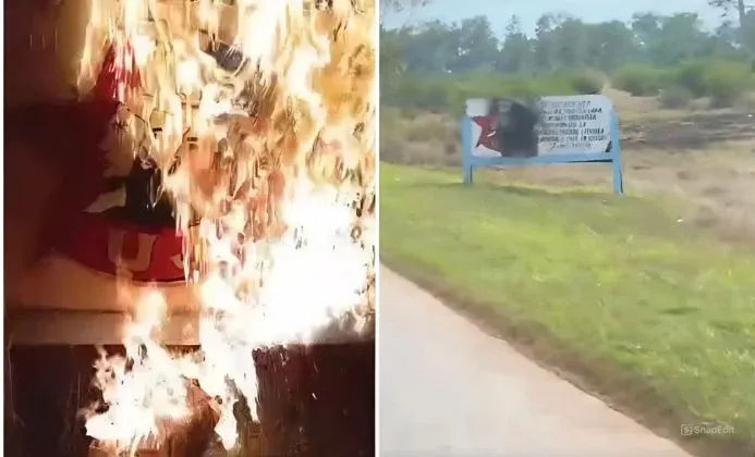 Sabotaje simbólico: grupo Clandestinos incendia cartel de la UJC en carretera de Artemisa